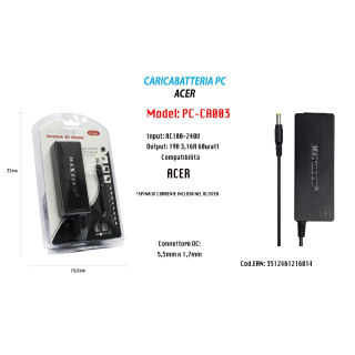 ALIMENTATORE CARICABATTERIA PER PC NOTEBOOK ACER 19V 3,16A 60W MAXTECH PC-CA003